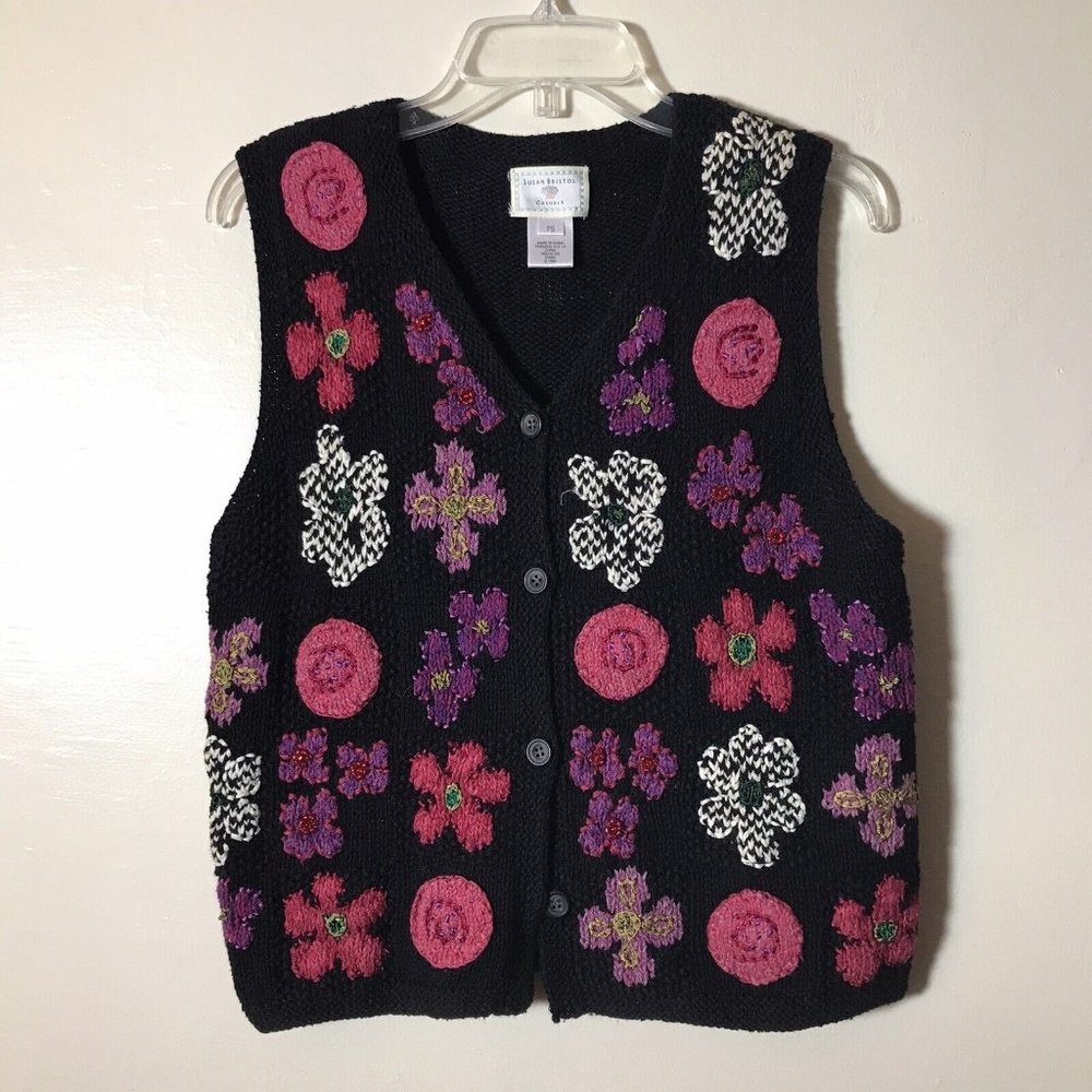 Vintage Susan Bristol Floral Embroidered Crochet Chunky Knit Vest Purple Pink